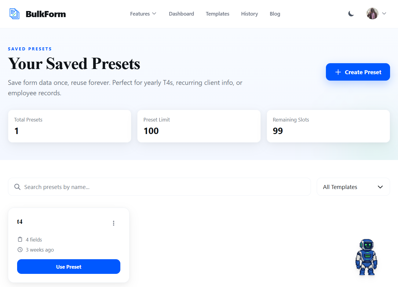 BulkForm presets list for saved T4 and payroll forms